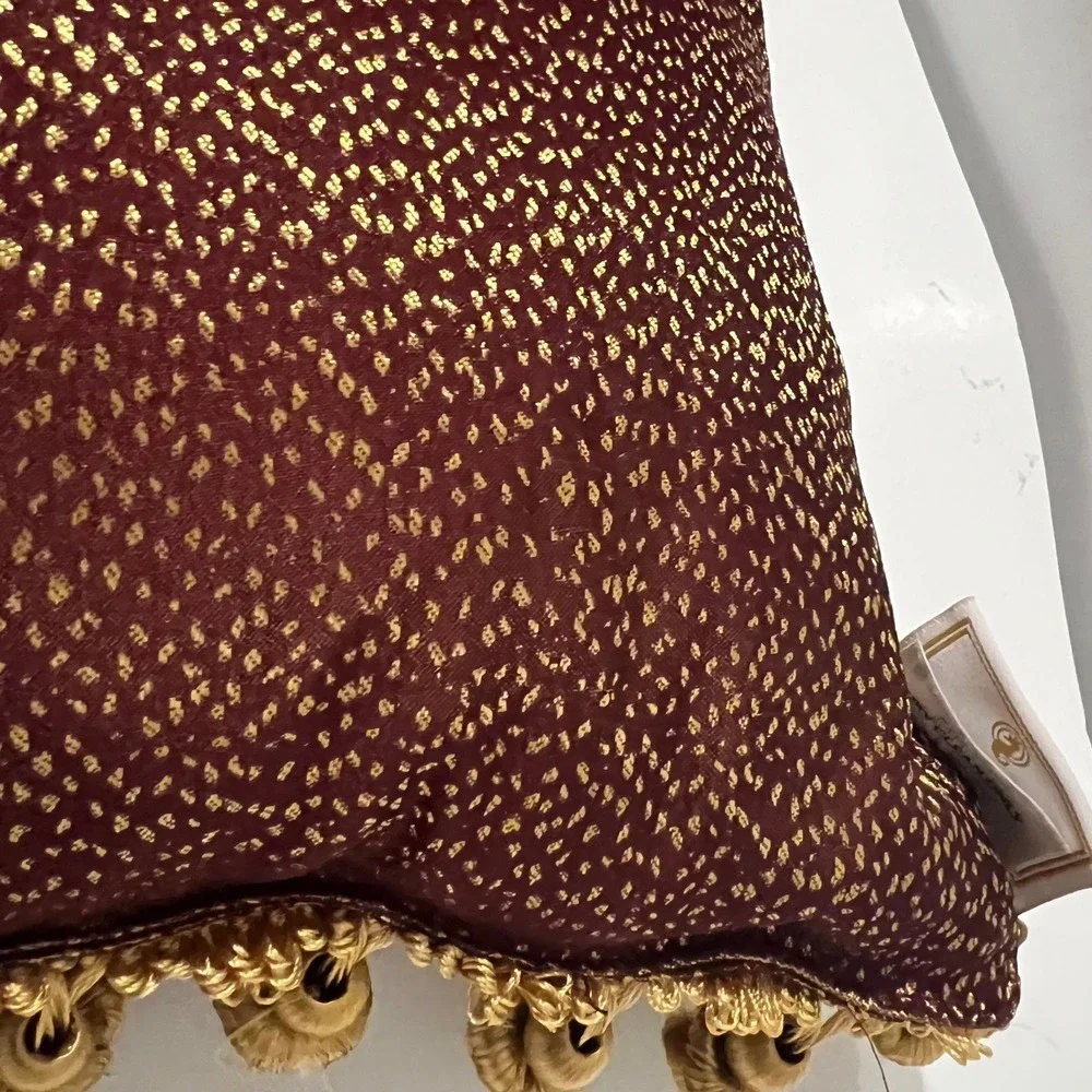 Waterford Linens Burgundy Gold Metallic Tassel Trim Throw Pillows Set of 2 12x12